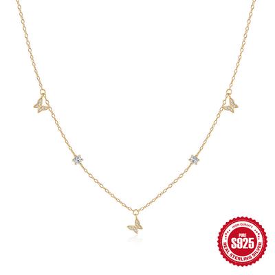 Stylish And Simple S925 Sterling Silver Style Temperament Butterfly With Diamonds Stacked Wearing Women'S Collarbone Necklace