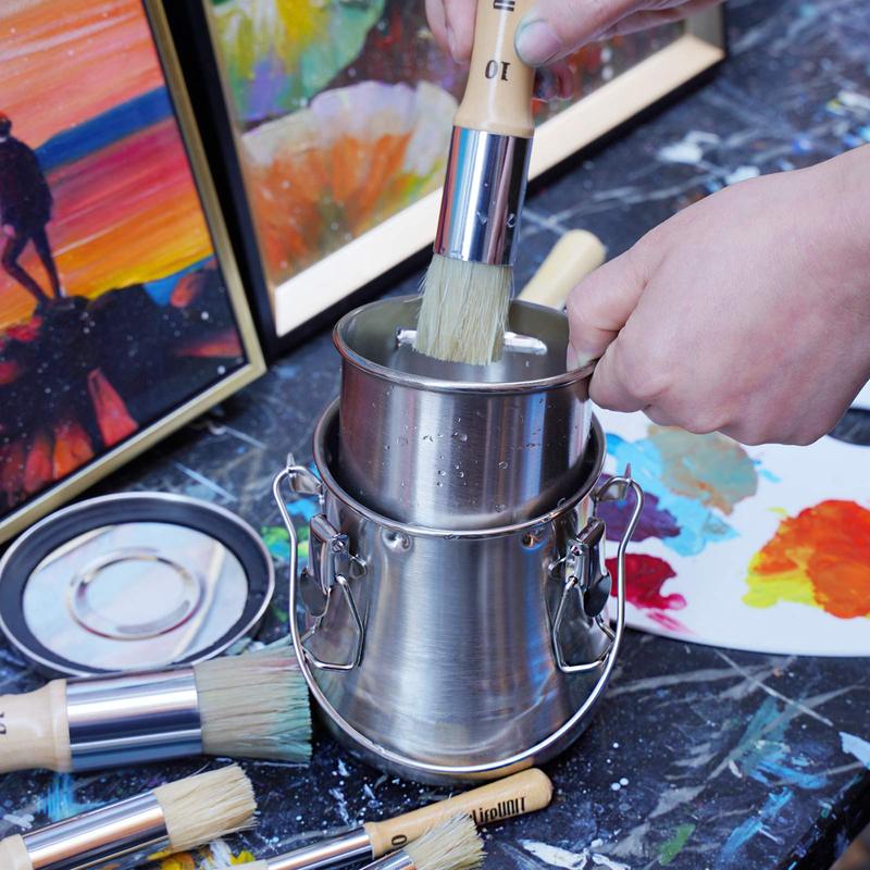 Oil painting brush washer stainless steel oil pot with removable porous filter sealed stainless steel paint brush cleaner