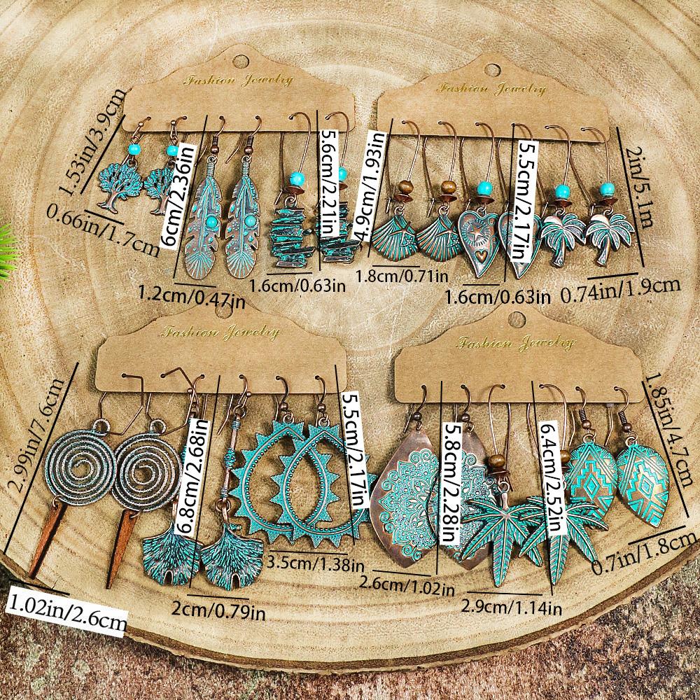 Fashion Vintage Style  Drop Earring Combination Set Heart Shaped Zinc Alloy Circling Hollow Design Leaf Feather Shell Gift