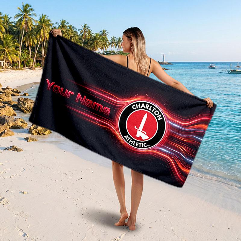 Charlton Athletic Custom Beach Towel, Personalized Name Text Print, Football Logo Soft Quick‑Dry Towel Holiday Gift