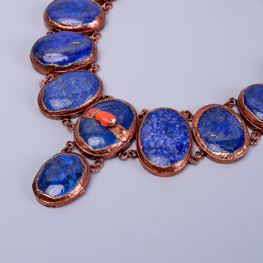 Oval Natural Lapis Lazuli Copper Unique Electroformed New Chain Necklace Jewelry V-82