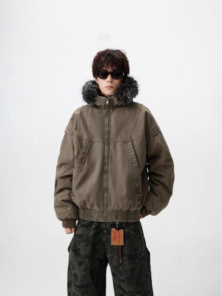 Men's Winter Retro Haute Couture Cotton Jacket with Fur Collar, Plus Velvet Thickened, Warm Outerwear.
