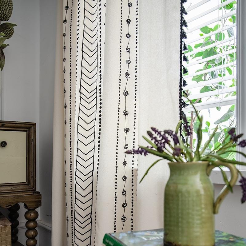 

Bohemia Cotton Linen Geometric Print with Tassel Window Curtain Semi-shading Drapes for Living Room Bedroom Kitchen Door Drapes W150 x H60cm&Threading Rod