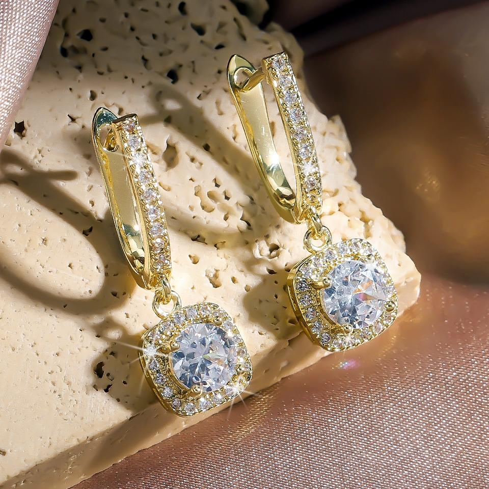Htpwe New Trendy Square Shape Drop Earrings Brilliant Bridal Engagement Wedding Zircon Elegant Female Dangle Earring Nice Gift