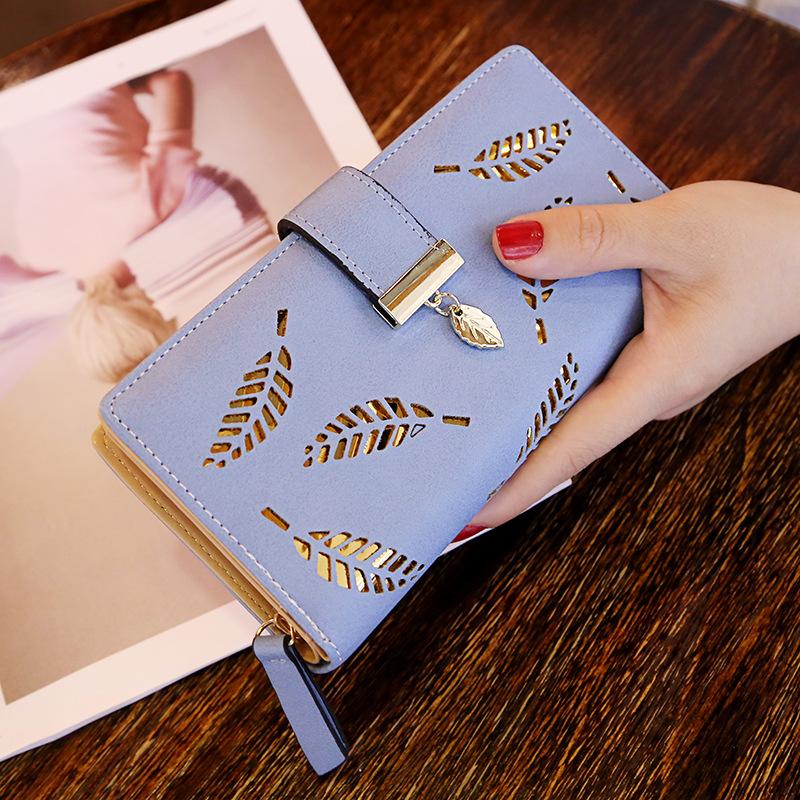 Gold Hollow Leaves Long Wallet, Buckle Decor Foldable Handbag, Women'S PU Leather Clutch Purse