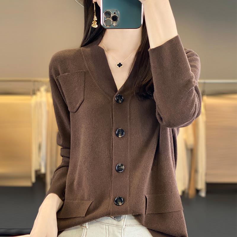 Spring and Autumn with Pockets Knitted Cardigan Women's Jacket Solid Color Loose Thin Outwear Top Long-sleeved Knitwear