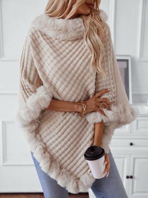 Cozy Retro Plaid Knit Shawl Sweater with Fluffy Fur Collar for Women - Autumn/Winter.