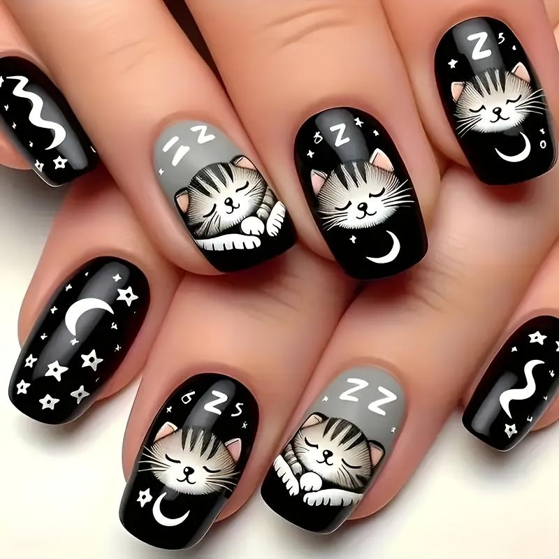 

24pcs Cute Cat Moon Star Patch Nail Art Short Square Fake Nail with Jelly Glue and Nail File Nail Art Set Dreamy Wearing Nail