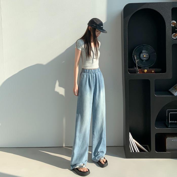 

Women s Tencel Lyocell Wide-Leg Jeans, Spring/Summer 2025 - Elastic Waist, Thin, Loose, Ice Silk, Straight Leg. XS