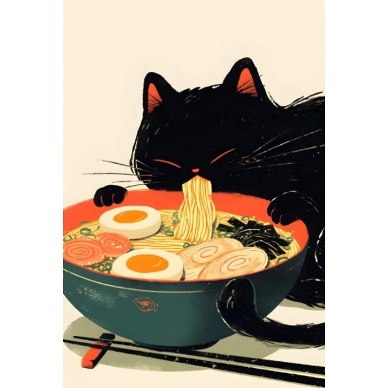 Vintage Japanese Cat Eat Ramen Sushi Maneki Neko Poster Kitchen Wall Art Apanese Cat Neko Wall Decor Canvas Painting Restaurant