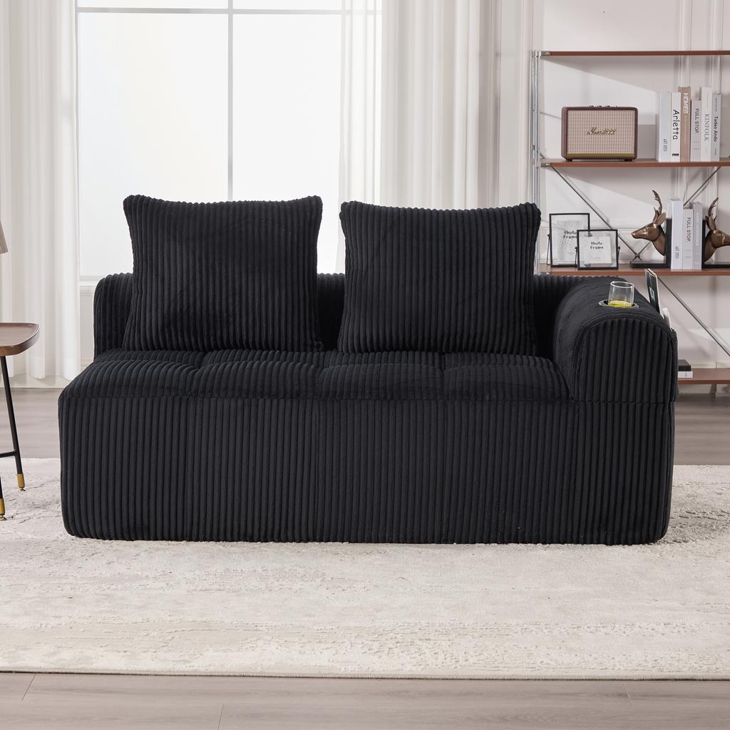 Cozy Corduroy Two-Seater Sofa – No Assembly, Soft Back Cushions, Side Storage Pocket for Remote Control and Phone, Cup Holder – Neat and Aesthetic.