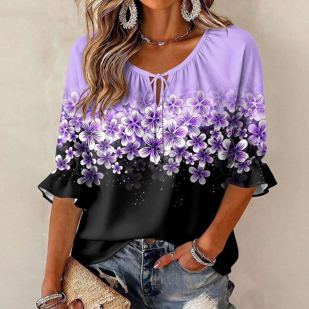 Women's Retro Floral Print Ruffle Three-Quarter Sleeve Blouse with Tie Neck