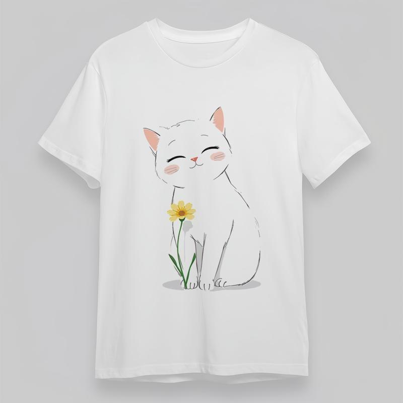 

Women s Plus Size Cute Classic T-Shirt Cat With Yellow Flower Graphic Cotton Top 4XL