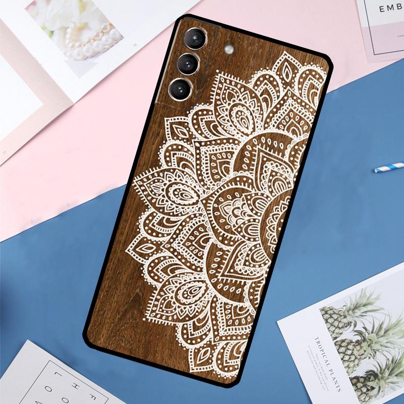 Mandala Floral Wood Case For Samsung Galaxy S25 Ultra S24 S23 S22 S21 Ultra S9 S10 Plus S23 FE S25 FE Back Cover