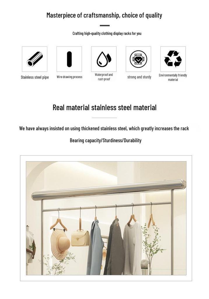 Floor-Standing Stainless Steel Display Rack for Men's, Women's, and Children's Clothing
