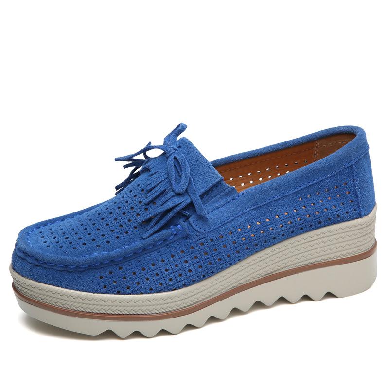 Big cowhide flower women's shoes fringed round head wedge heel platform casual women's shoes