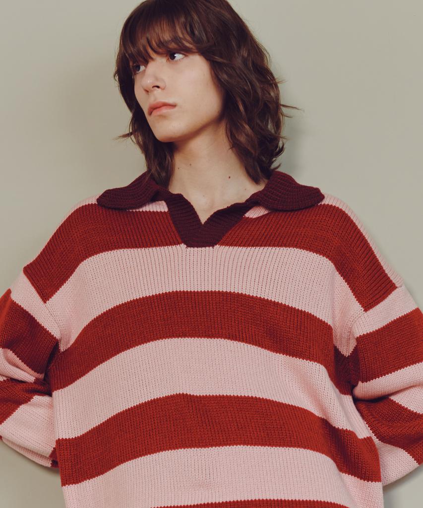 KNITTED Open Collar Striped Knit Red