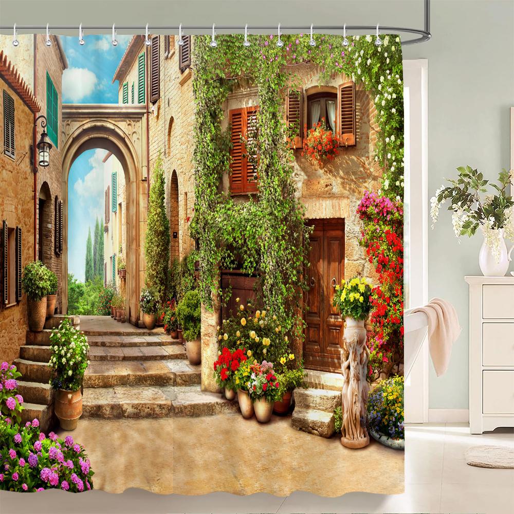 European Garden Patio Landscape Shower Curtains Beach Flowers Bathroom Curtain for Bathroom Polyester Waterproof Shower Curtain