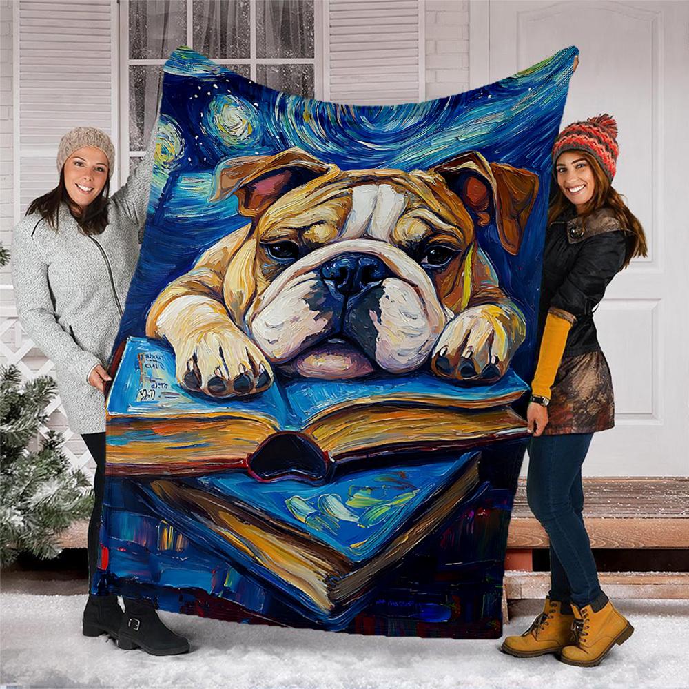 1pc Bookish Bulldog Outdoor Soft Polyester Flannel Throw Blanket Versatile for All Seasons , Soft , Cozy , Warm All Season Quilted Throw ,