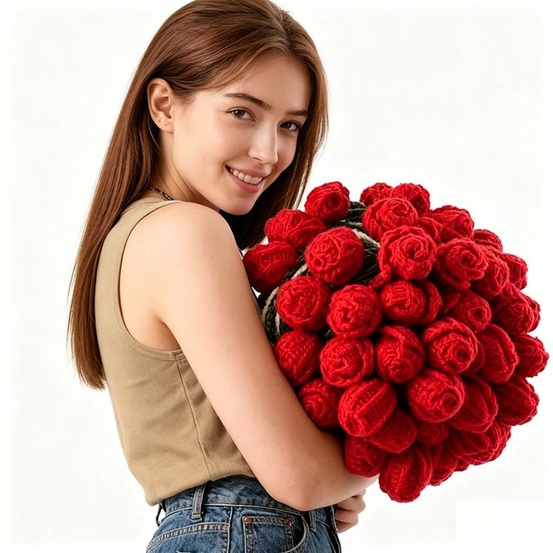 60/80/110/160cm Finished Rose Bouquet Blanket Knitted Nap Throw Blanket Gift for Girlfriend Best Friend Holiday Present with Gift bag