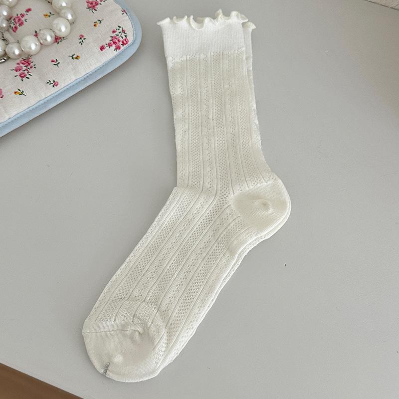 Women's White Mid-Calf Cotton Mesh Slouch Socks with Wood Ear Edge – Breathable, Thin, Summer Style