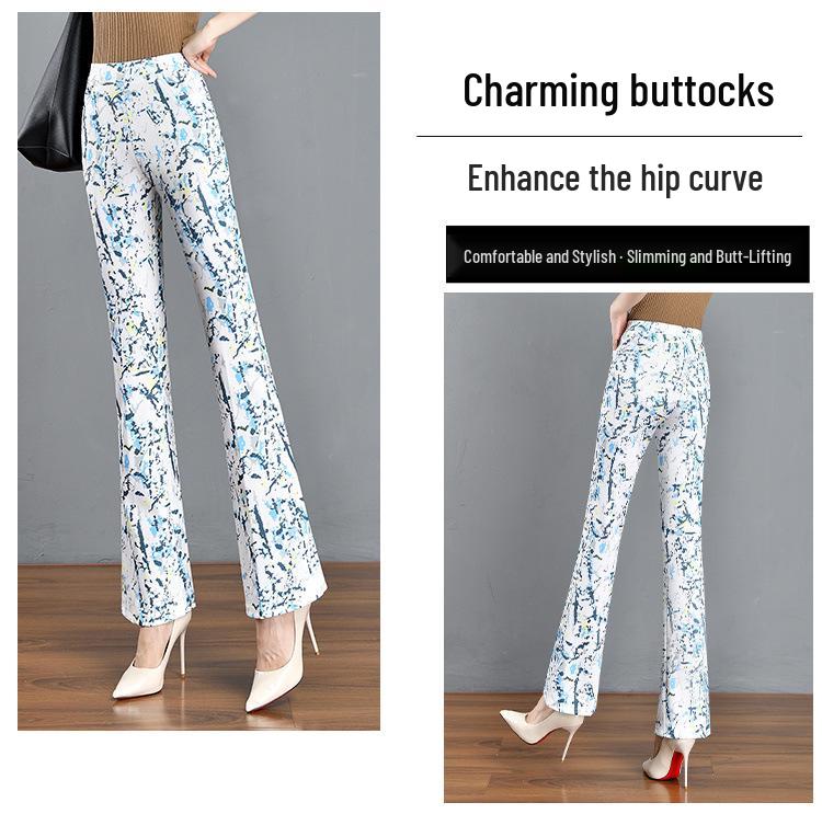2024 Floral Plaid Elastic Waist Slimming Micro Flare Women's Pants
