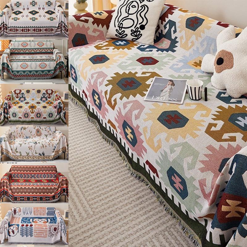 1Pc New Modern Style Linen-cotton Double Face Usable Sofa Blanket with Tassels Decor Multi-purpose for Living Room,Bedroom Sofa