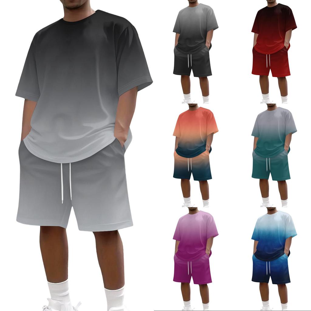 Men's Gradient Print Casual Short Sleeve Crew Neck Top with Matching Shorts Set Summer Outfit Comfortable Fit Lightweight Fabric