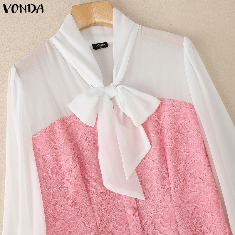 VONDA Women Casual Bow Knot Neck Long Sleeve Lace Crochet Patchwork Elegant Ruffled Dress