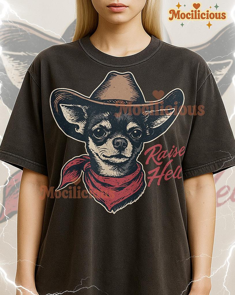 Raise Hell Cowboy Dog Bootleg Shirt, Vintage Western Chihuahua Funny Tee, 90s Throwback, Raise Hell Cowboy Dog Sweater