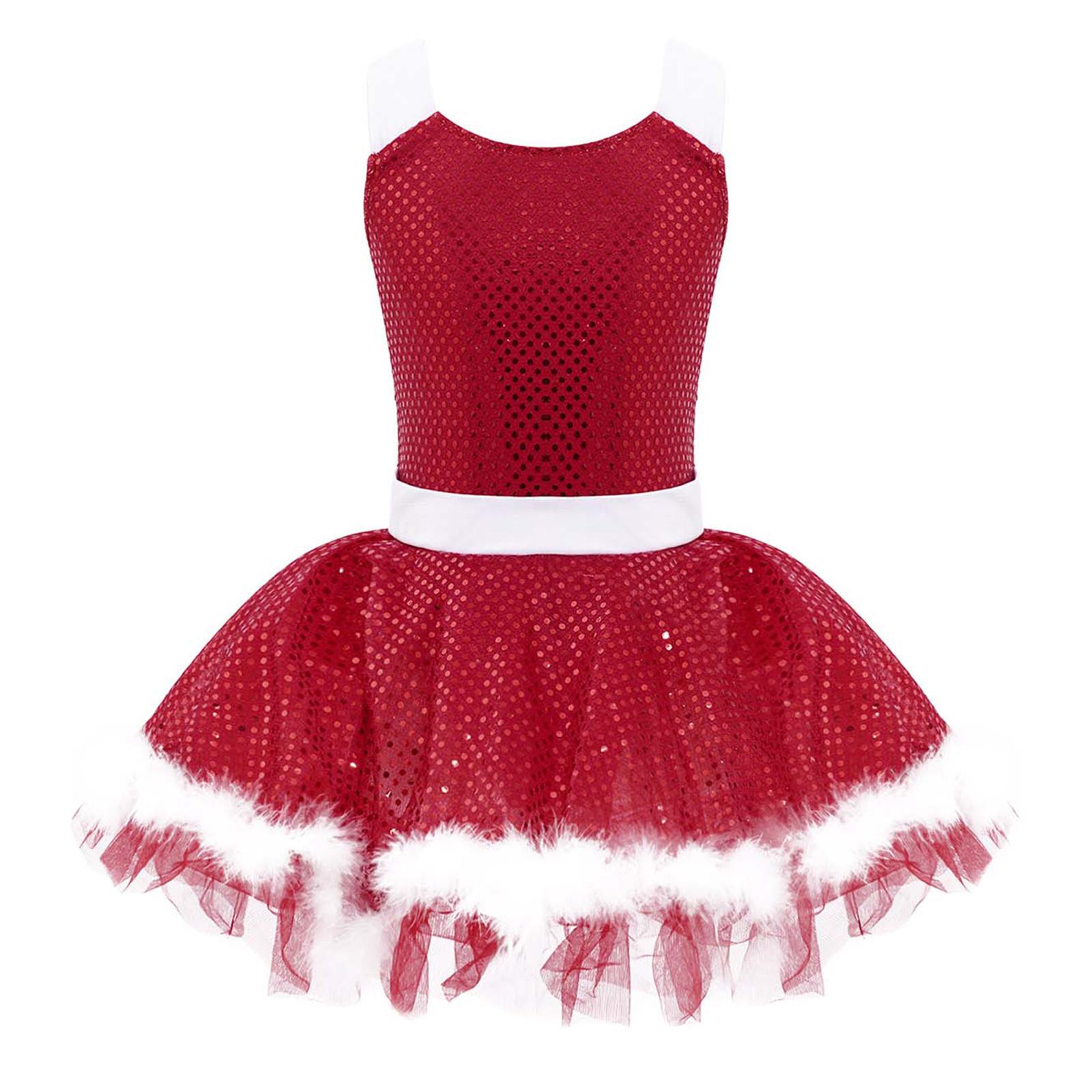 

Girls Dance Leotard Ballet Latin Costume Cami Dress Design Sequins Faux Fur Detail Performance Outfit 3-4 Years червоний