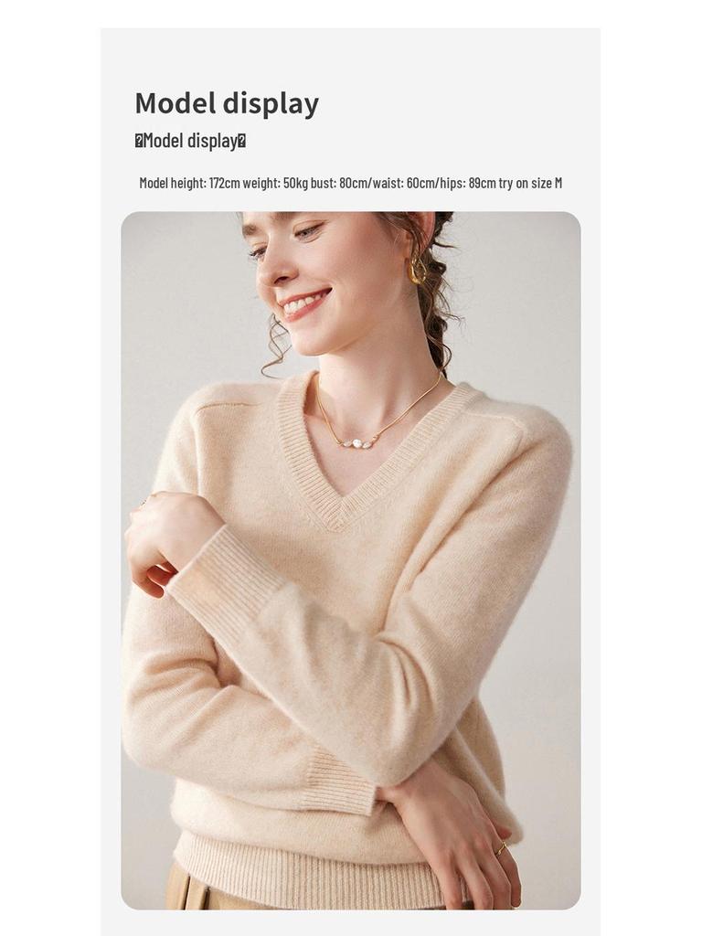 Women's V-Neck Loose Knit Cashmere Sweater - Autumn/Winter Style, Thick Long Sleeve, Slimming and Fashionable