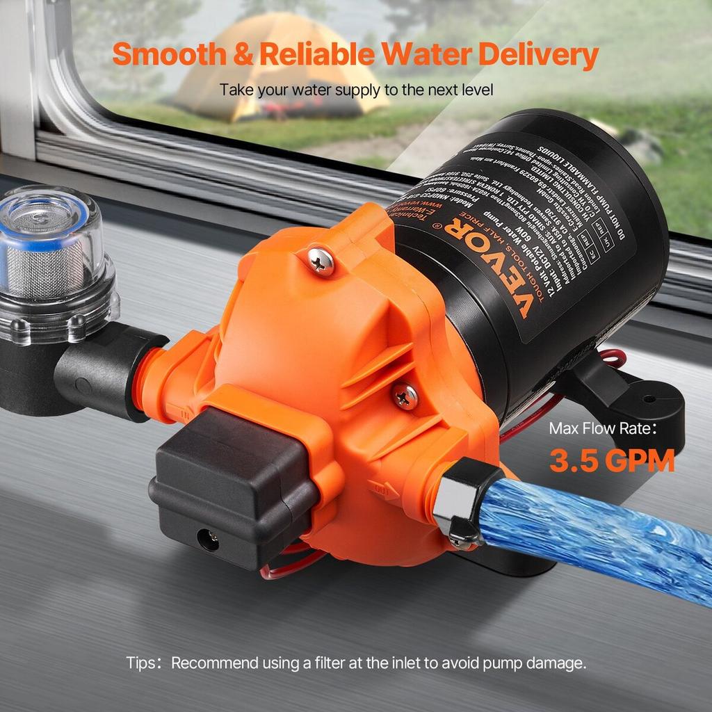 12V Diaphragm Pump 3.5GPM 13.25L/min 3-Chamber Water Pump Pressure Switch