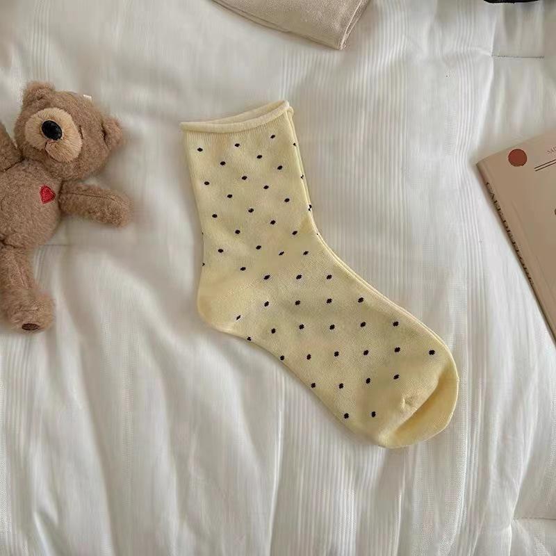 Spring and autumn mid-calf socks for women, summer thin and versatile, college-style, rolled-up polka dot sports, pile long socks