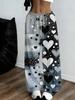 Women's Plus Size Wide Leg Pants Gray Black White Hearts and Polka Dot Print