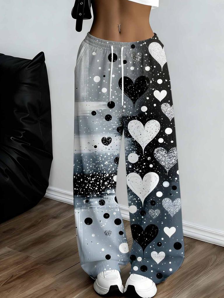 Women's Plus Size Wide Leg Pants Gray Black White Hearts and Polka Dot Print
