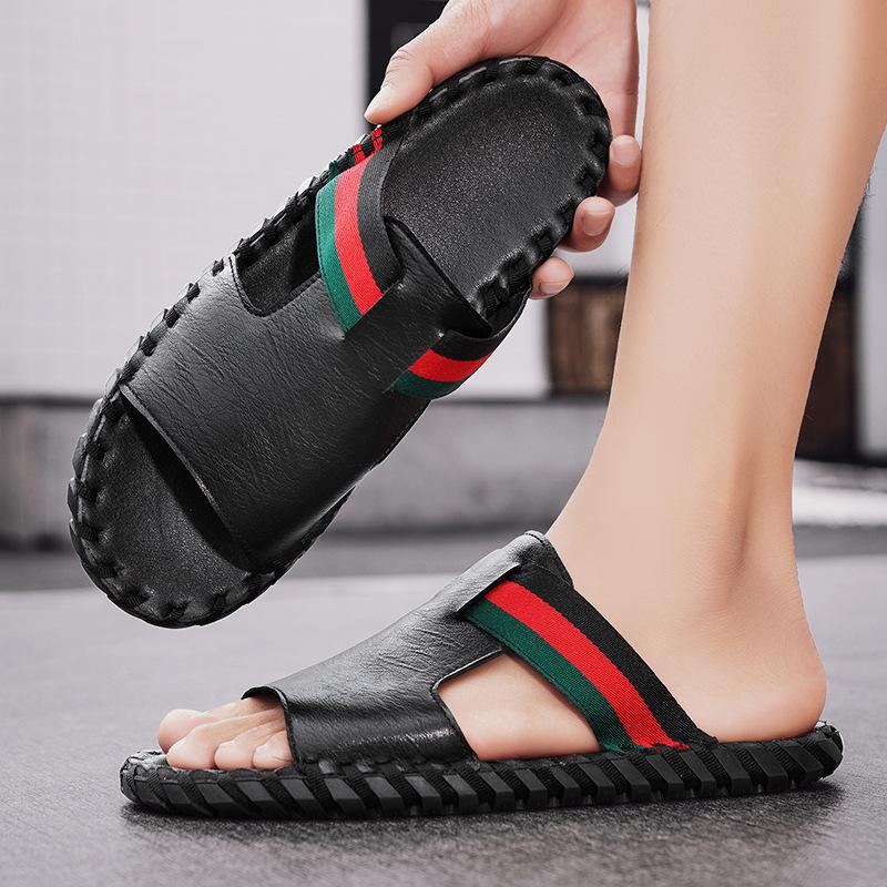 Summer New Leather Flat-bottomed One-word Slippers for Men's Daily Home Outdoor Beach Two Wear Cool Slippers