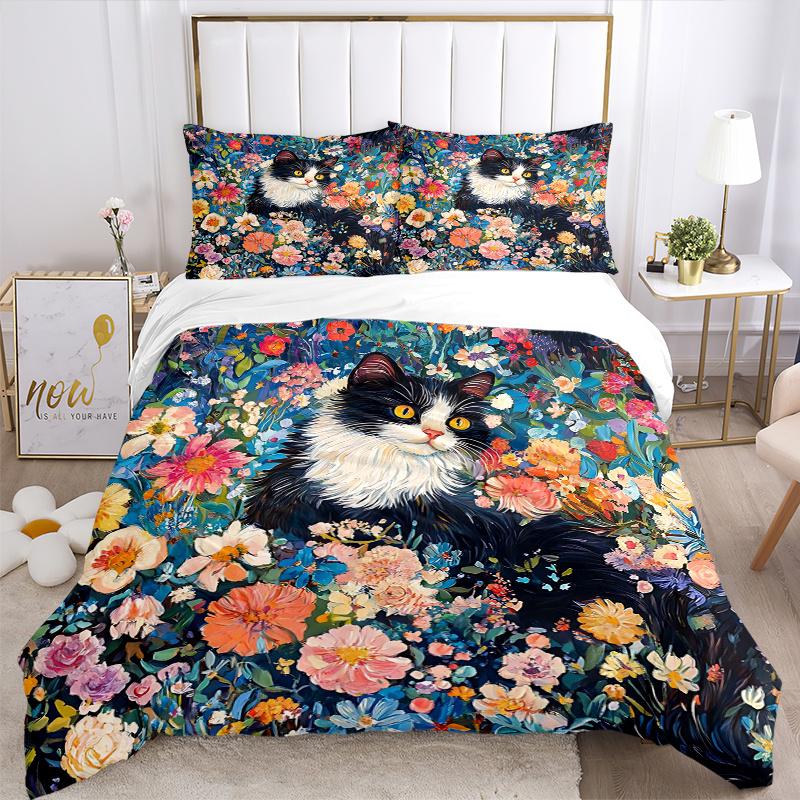 3pcs Colorful Garden Cat Print Cover Set Ultra Soft, Breathable, and Comfortable Bedding with Stylish Design for Bedroom and Guest Room Decor 1 C