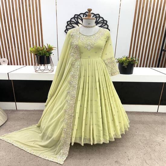 Embellished Anarkali Suit with Dupatta - Available In Beige and Pistachio Green