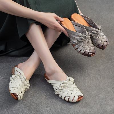 Retro Hand Woven Peep Toe Outdoor Slippers Summer Breathable And Versatile Genuine Leather Women's Shoes