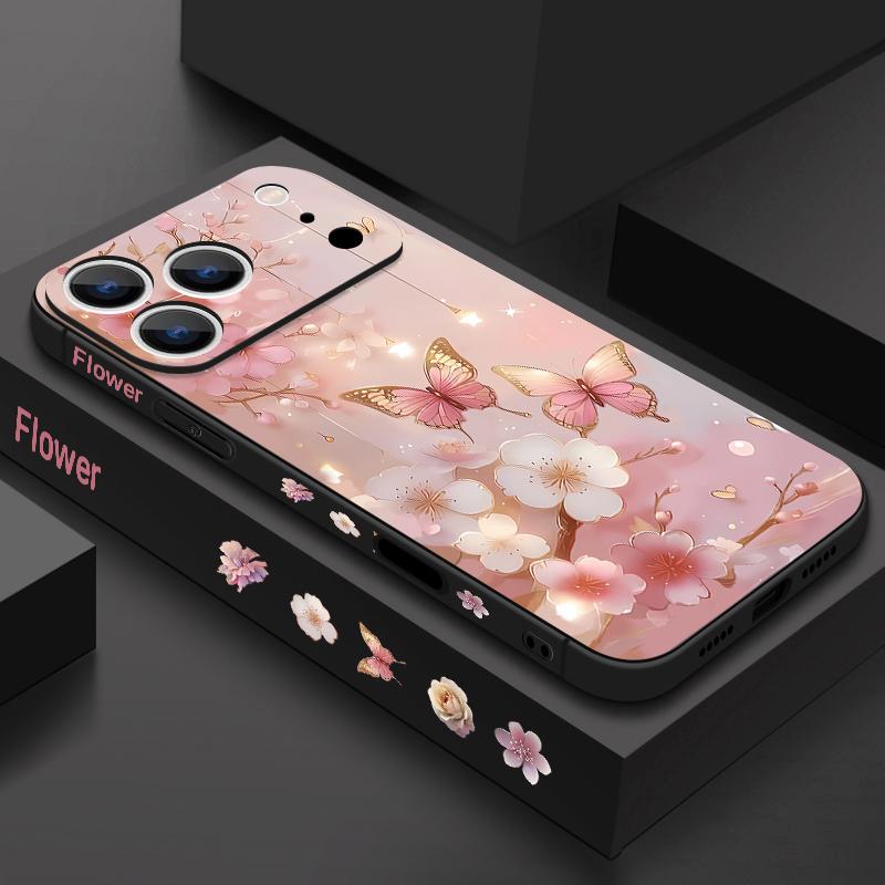 Dream Butterfly Floral Pattern Lanyard Case For iPhone 17 Pro Max Soft Silicone Cover For iPhone 16 Pro Max Funda iPhone 15 14 13 12 11 16E