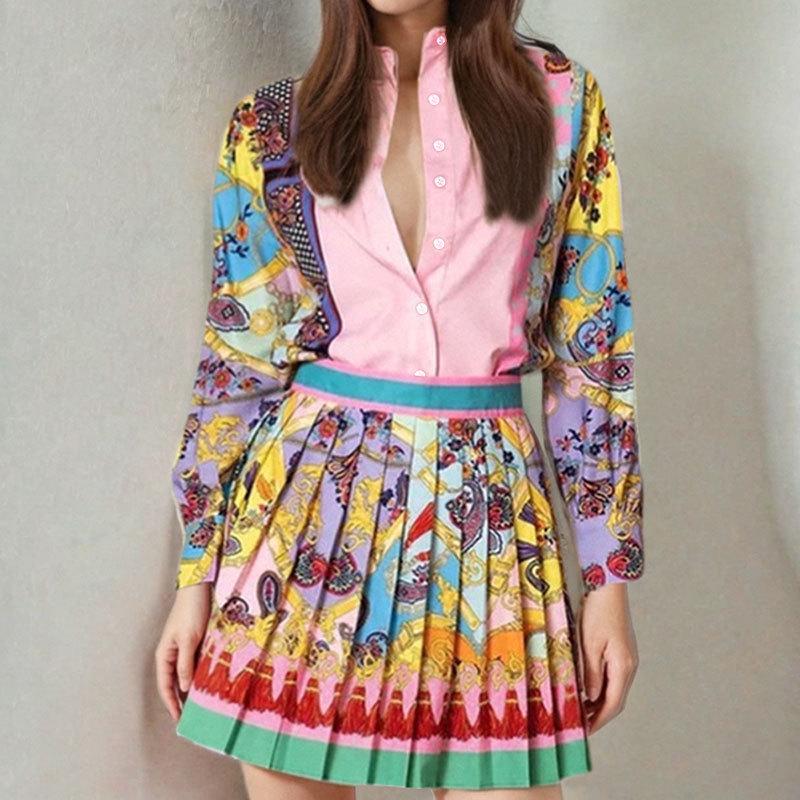 

Women s Cross-Border Print Long Sleeve Shirt & Pleated Skirt Two-Piece Set M