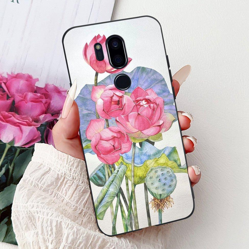 Para LG G7 ThinQ Funda Silicona Negra Gato Lindo Flores de Moda Trasera Pintada Genial Para LG G7ThinQ Funda de Teléfono LMG710EM