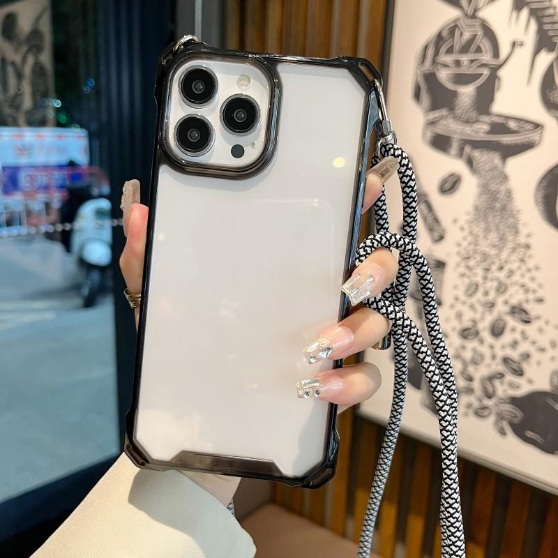 Lanyard Transparent Case For iPhone 15 Pro 14 13 12 11 Pro Max XR X XS Plus Crossbody Cord Four Corners Strap Shockproof Cover