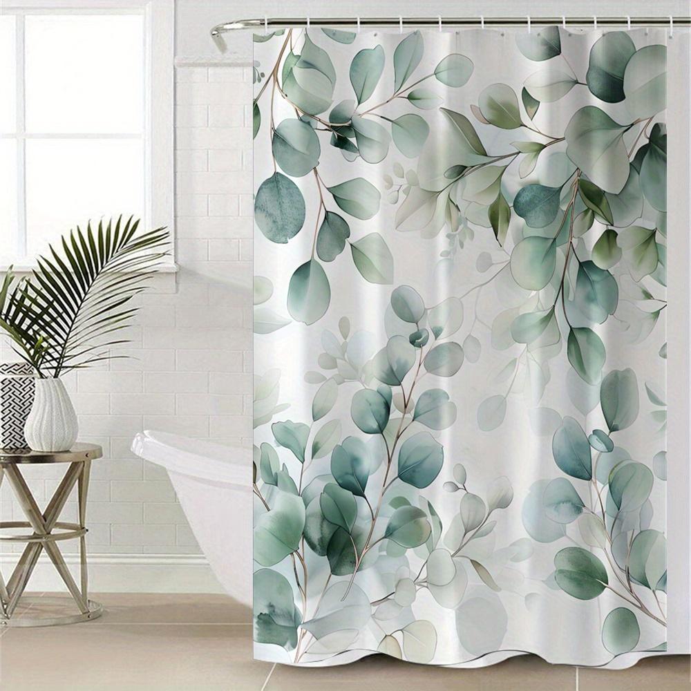 1Pc Green Leaf Eucalyptus Print Polyester Shower Curtain, Machine Washable, Art Theme, With Hooks, For Bathroom