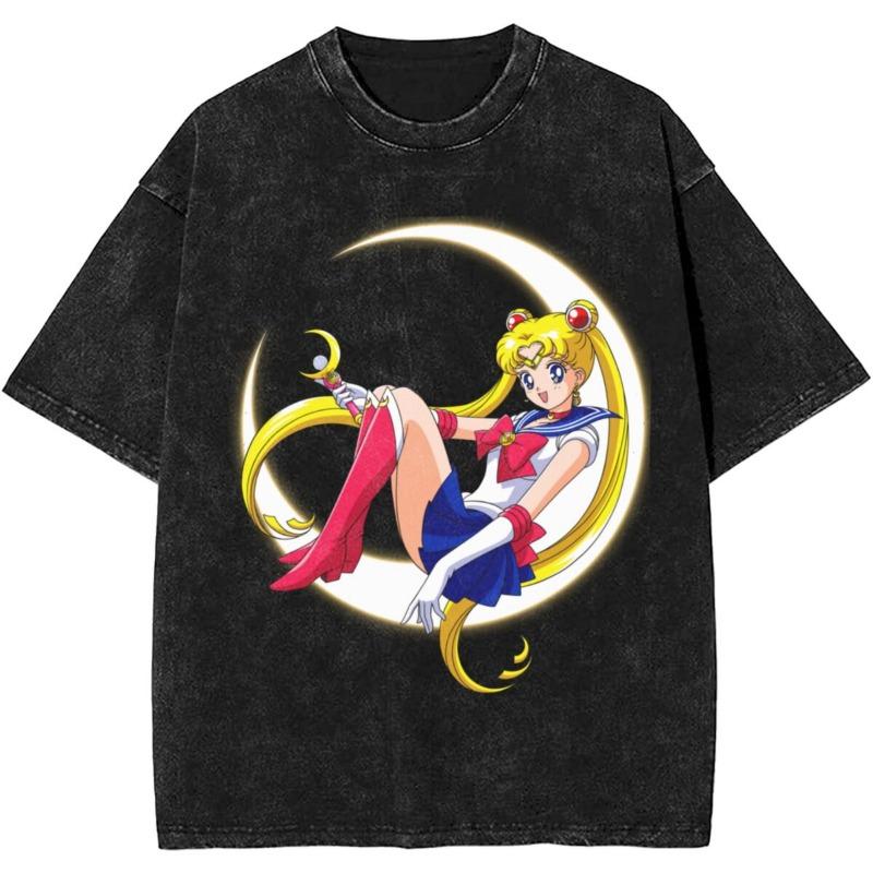 Sailors Moons Vintage Washed T Shirt  Women 100% Cotton Casual T-Shirt O Neck Anime Tees Short Sleeve Clothes Plus Size