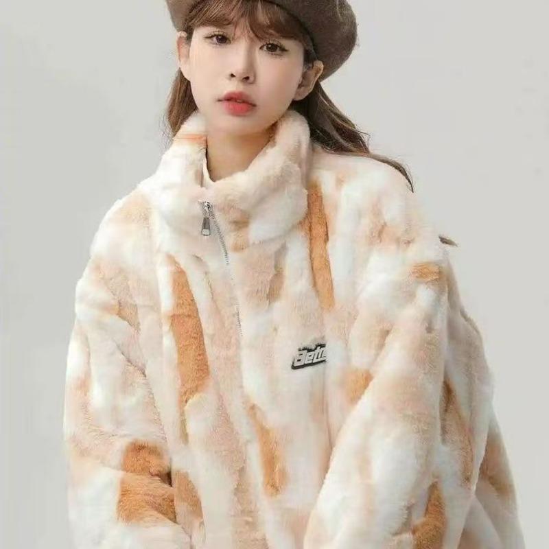 Winter New Trendy Brand Tie-dye Stand-up Collar Imitation Lamb Wool Fur Jacket Men's and Women's Casual Padded Couple Cotton-padded Clothes Tide