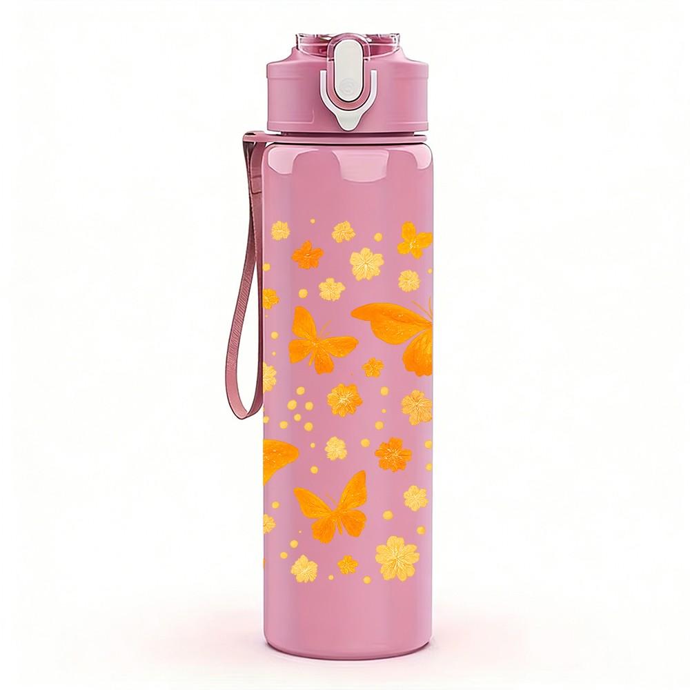 1PC Orange Butterfly Floral Pattern Print 750ml Color Plastic Sports Water Bottle Leakproof Flip Straw Lid Suitable for Sports Office Home Use
