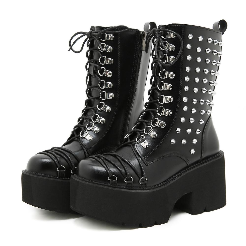 

Gdgydh Хэллоуин Панк Заклепки Декор Сапоги До Пола Для Женщин Модные Шнуровка Боковая Молния Женские Сапоги На Массивном Каблуке Платформе 37 чёрный