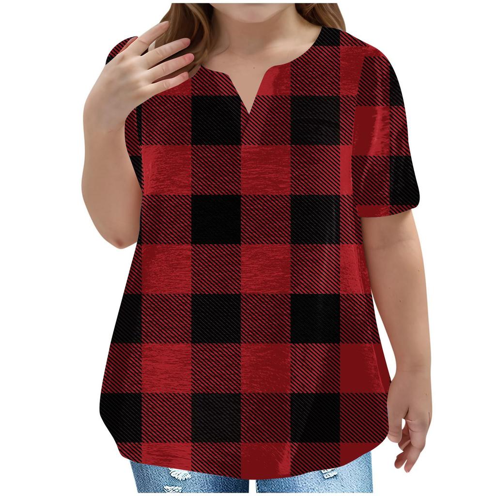 Children's Plus-size T-shirt Casual Fashion Plaid V-neck Short-sleeved Pocket Top